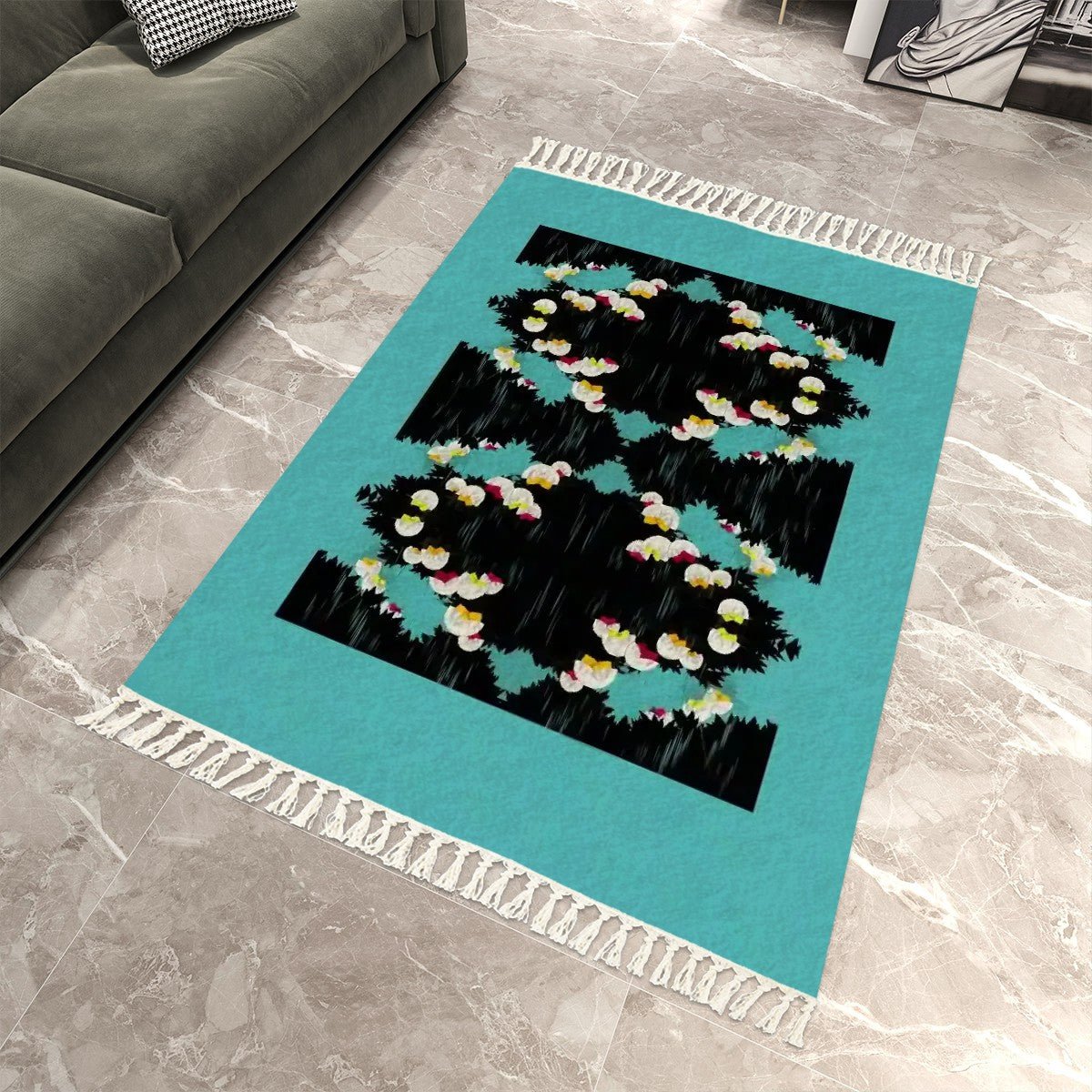 Floral Art Deco Area Rug with Tassels (8x5) | Eclectic Boho Rug - POP DECO