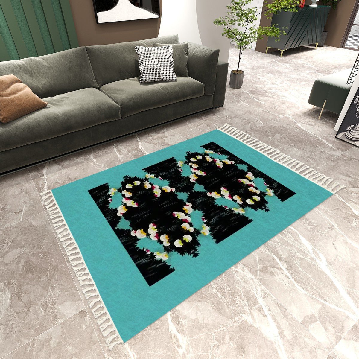 Floral Art Deco Area Rug with Tassels (8x5) | Eclectic Boho Rug - POP DECO