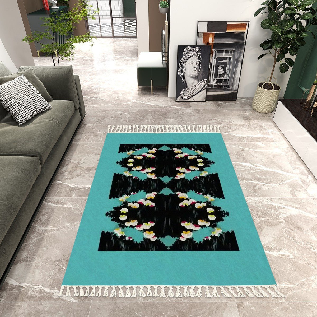 Floral Art Deco Area Rug with Tassels (8x5) | Eclectic Boho Rug - POP DECO