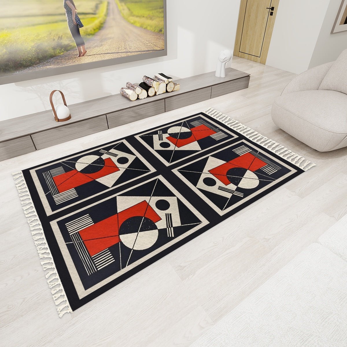 Geo Construct Area Rug with Tassels (5x3) | Abstract Geometric Rug - POP DECO