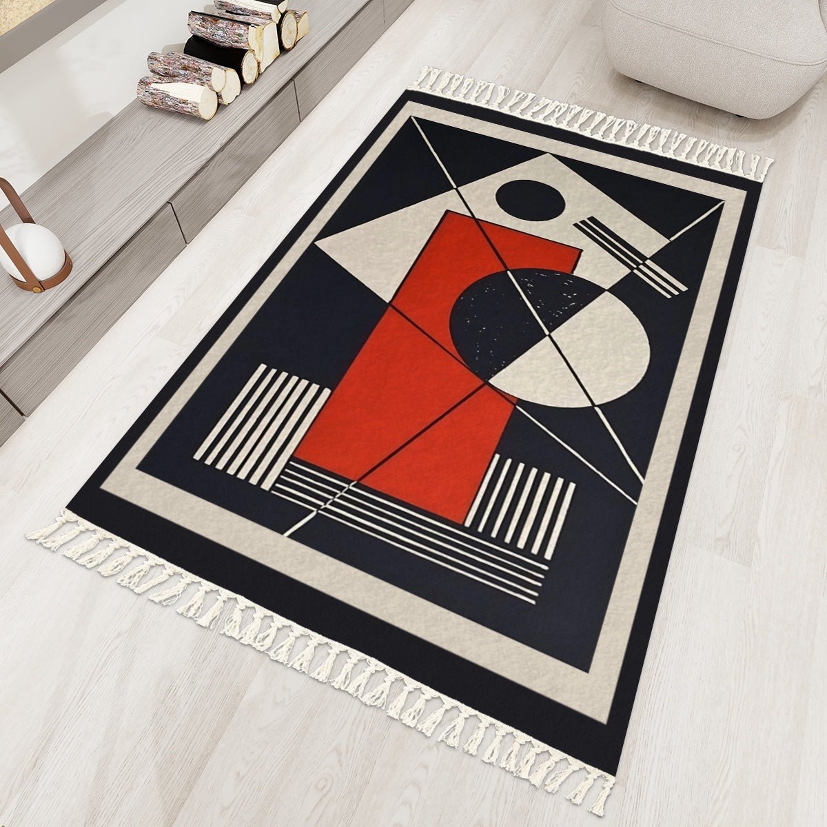 Geo Construct Area Rug with Tassels (5x3) | Abstract Geometric Rug - POP DECO