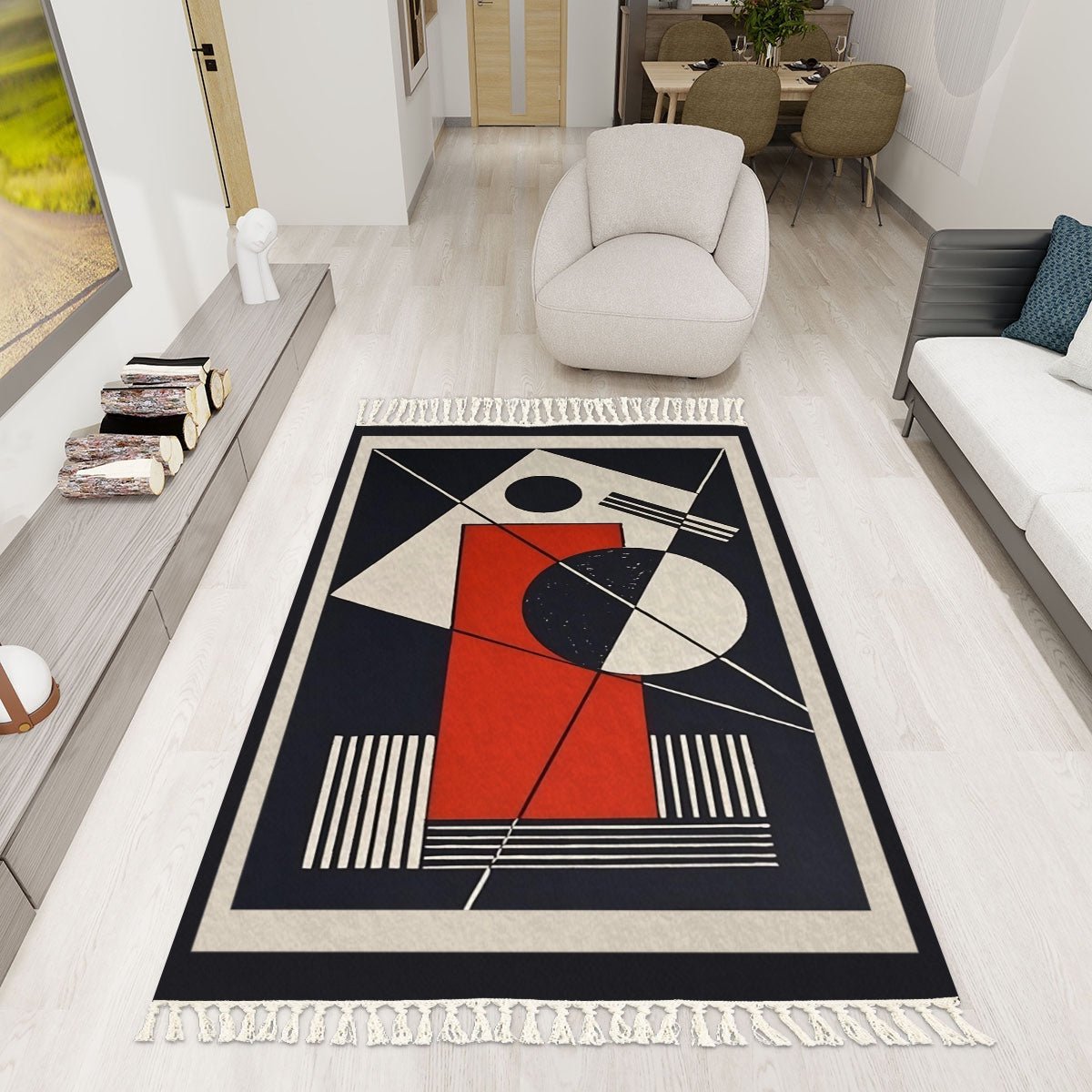 Geo Construct Area Rug with Tassels (5x3) | Abstract Geometric Rug - POP DECO