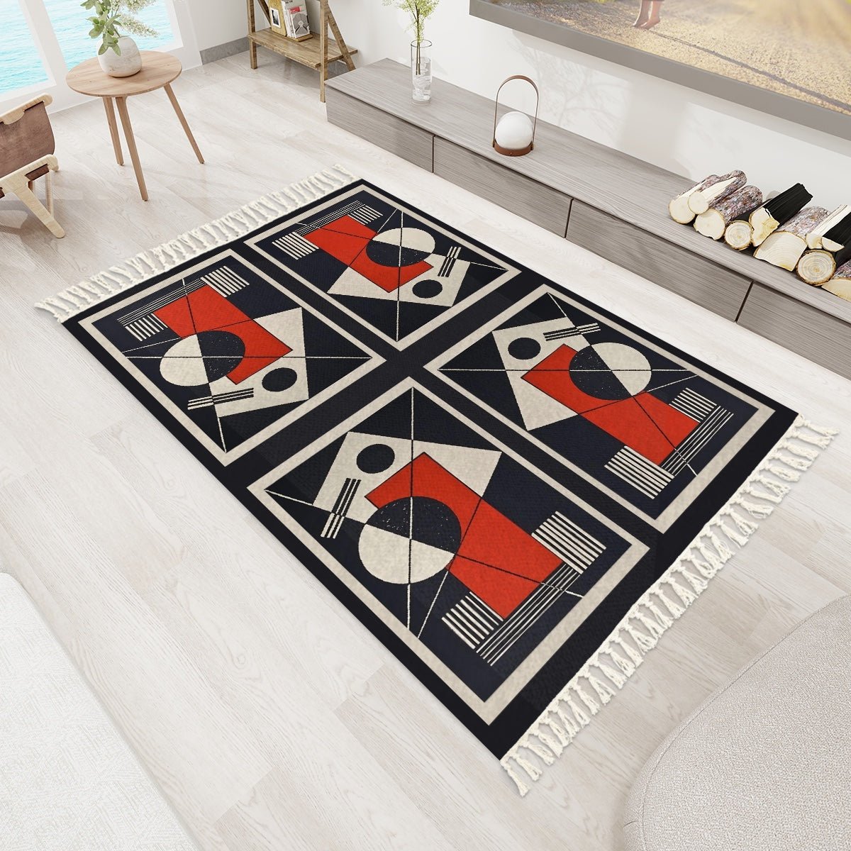 Geo Construct Area Rug with Tassels (5x3) | Abstract Geometric Rug - POP DECO