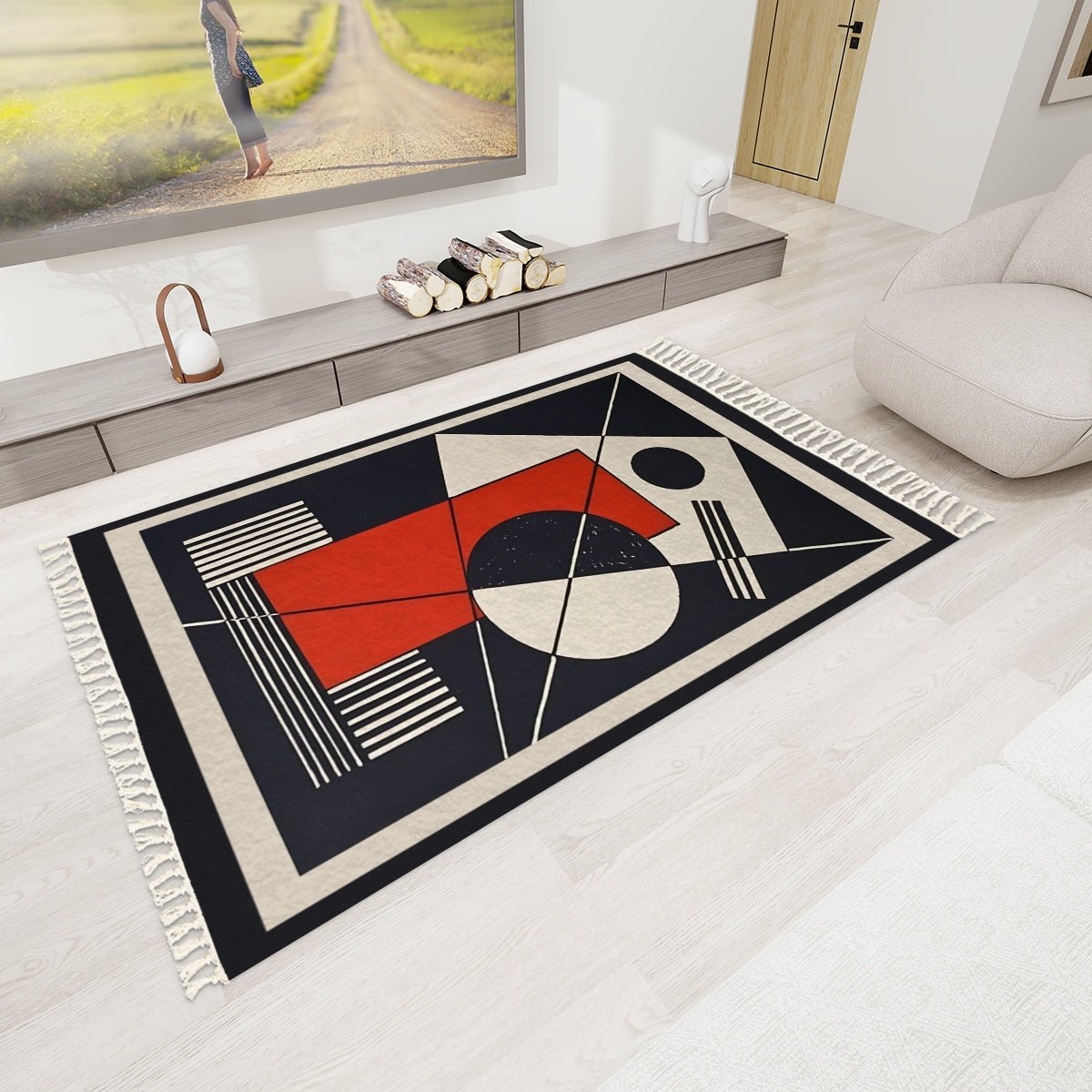 Geo Construct Area Rug with Tassels (5x3) | Abstract Geometric Rug - POP DECO