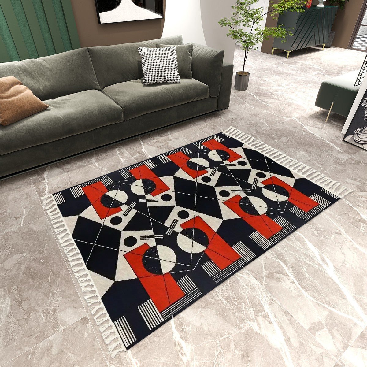 Geo Construct Area Rug with Tassels (8x5) | Abstract Geometric Rug - POP DECO