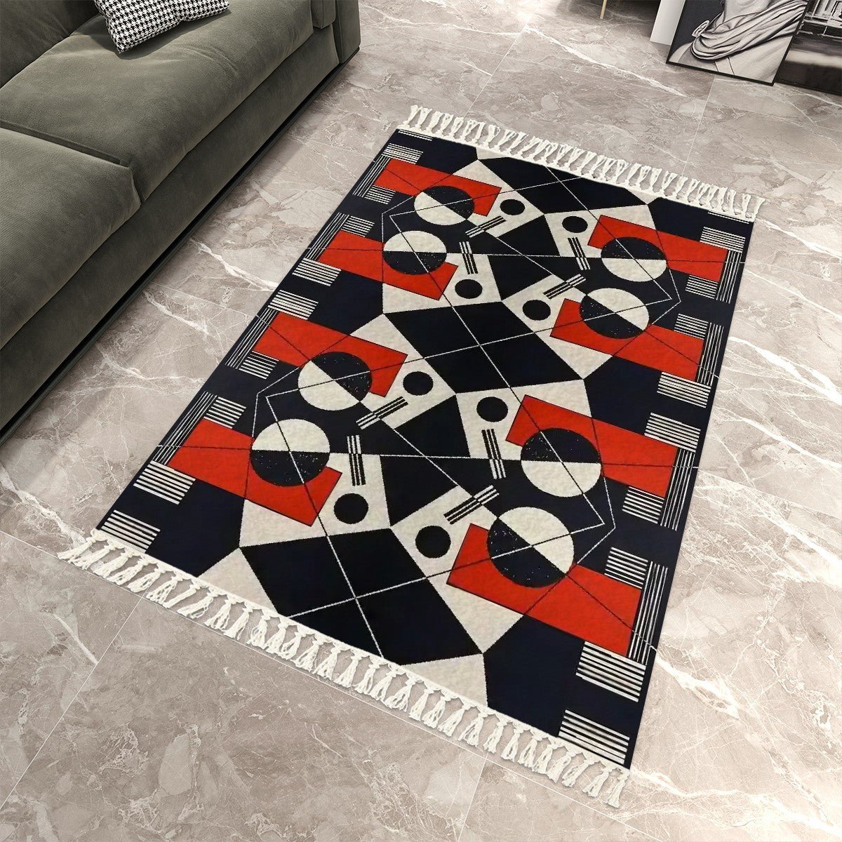 Geo Construct Area Rug with Tassels (8x5) | Abstract Geometric Rug - POP DECO