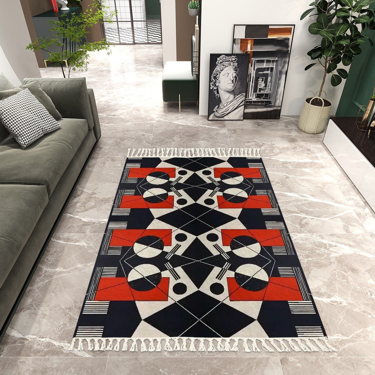 Geo Construct Area Rug with Tassels (8x5) | Abstract Geometric Rug - POP DECO