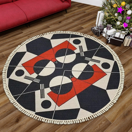 Geo Construct I Round Area Rug with Tassels | Abstract Geometric Round Rug - POP DECO