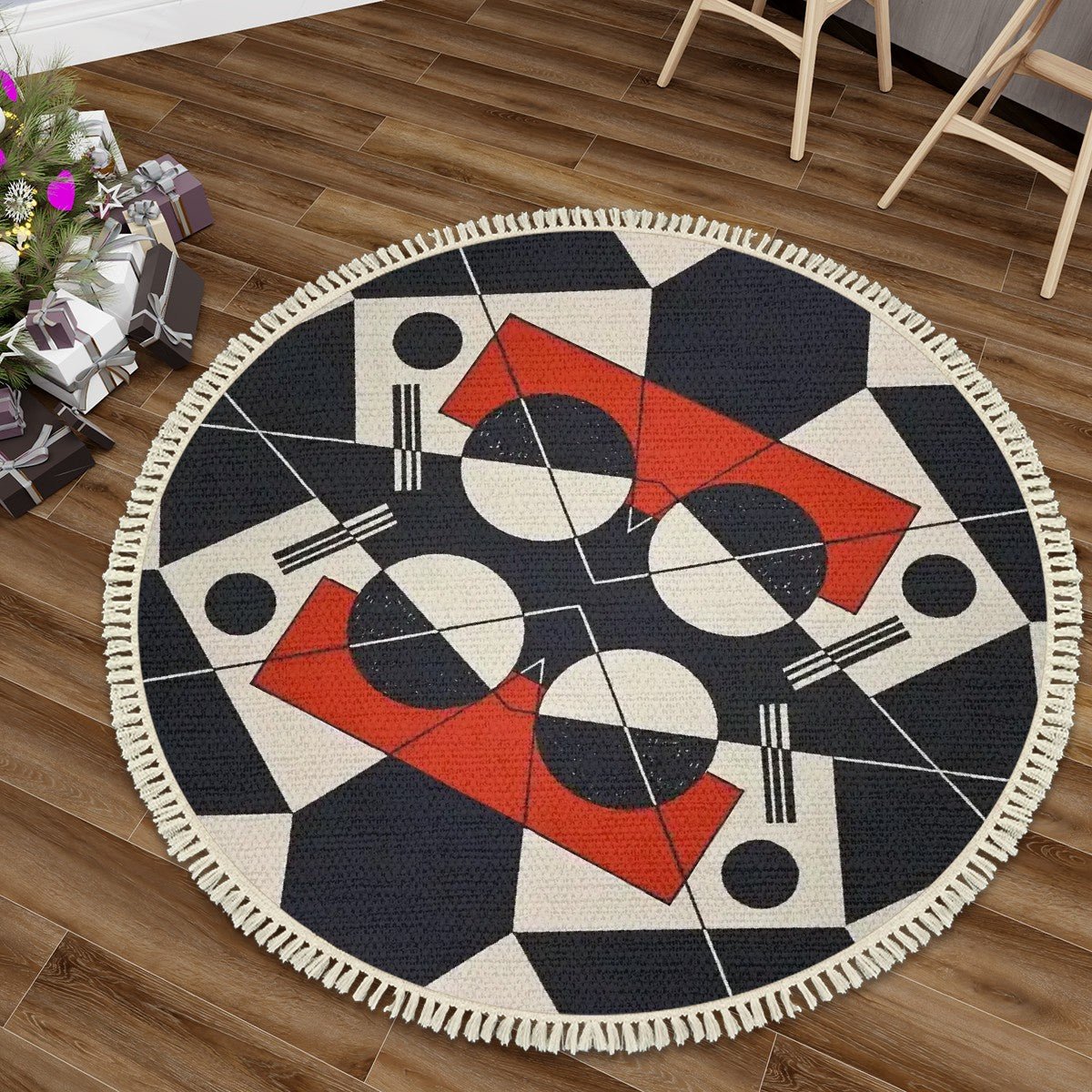 Geo Construct I Round Area Rug with Tassels | Abstract Geometric Round Rug - POP DECO