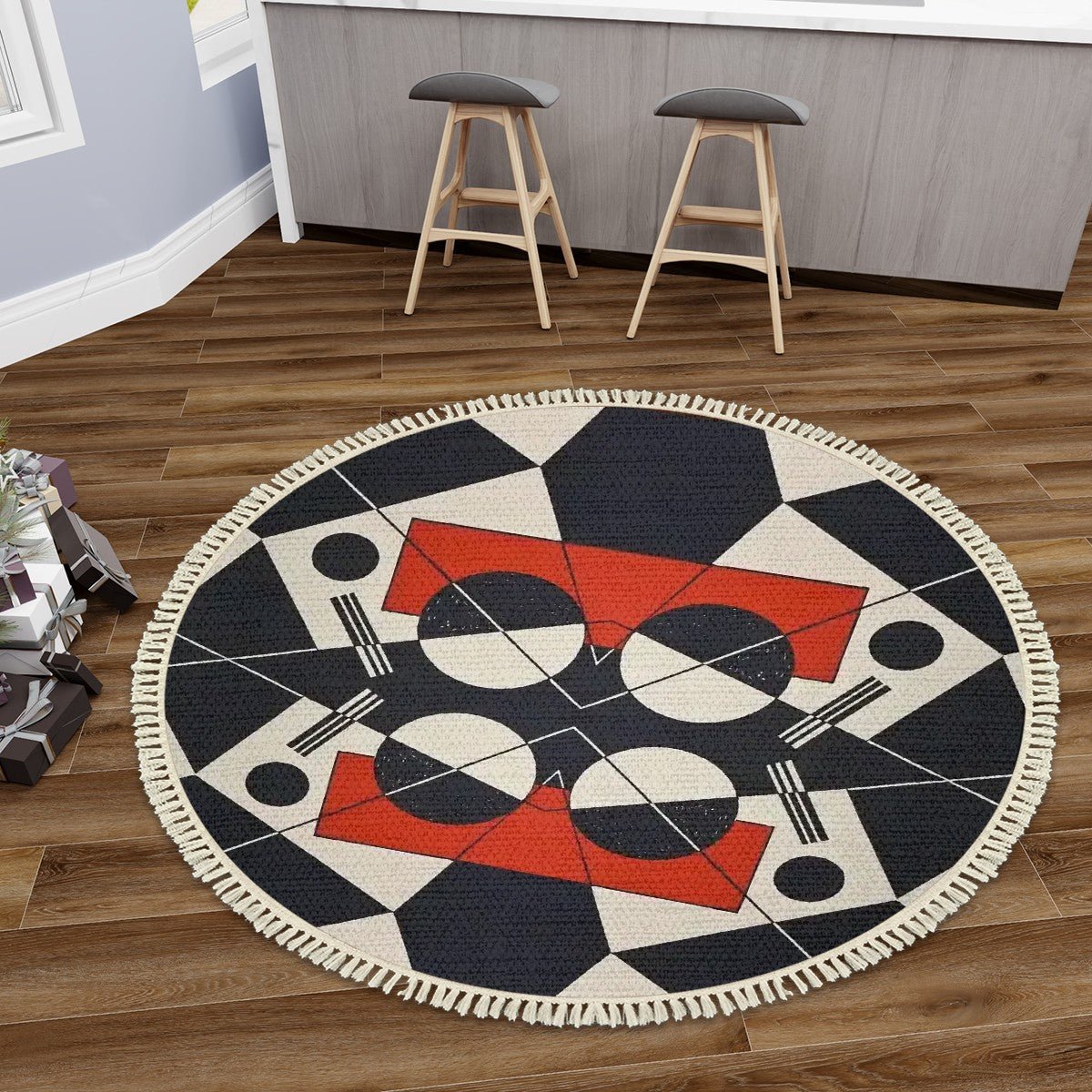 Geo Construct I Round Area Rug with Tassels | Abstract Geometric Round Rug - POP DECO