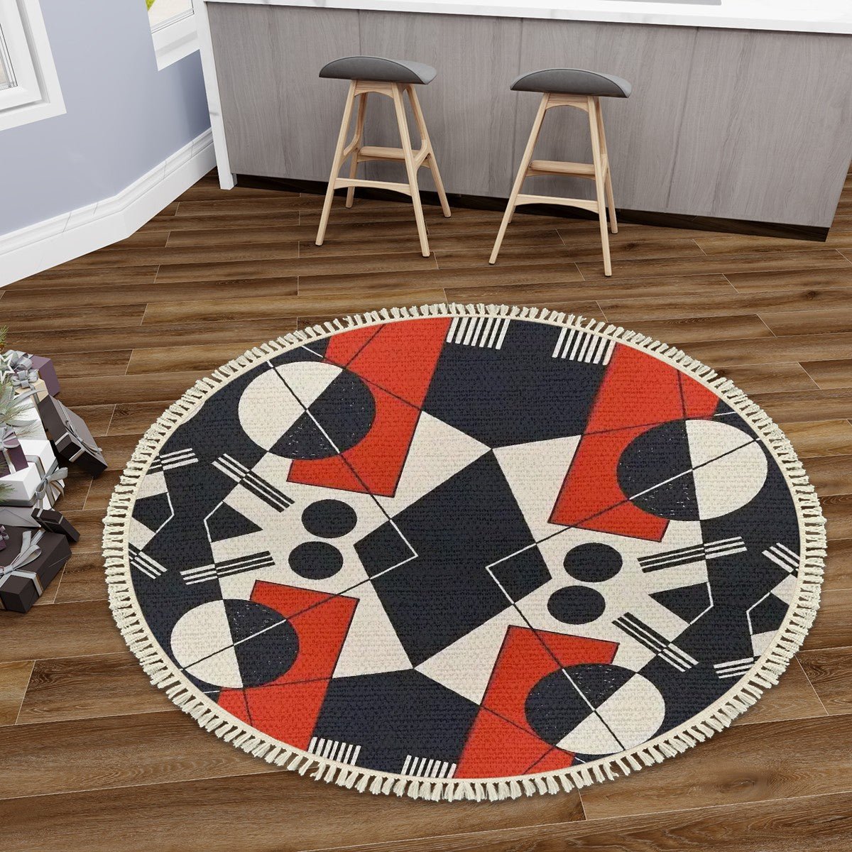 Geo Construct II Round Area Rug with Tassels | Abstract Geometric Round Rug - POP DECO