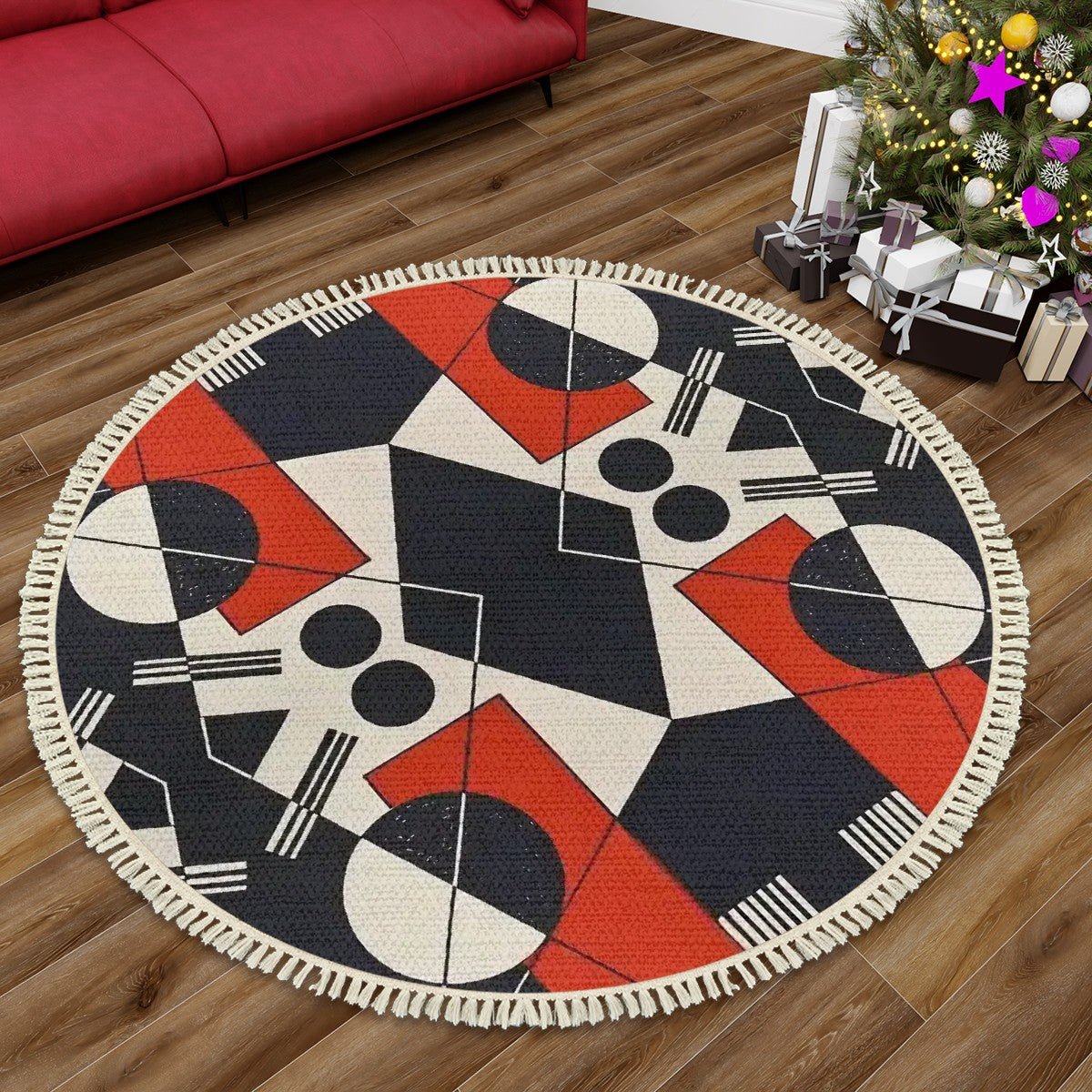 Geo Construct II Round Area Rug with Tassels | Abstract Geometric Round Rug - POP DECO