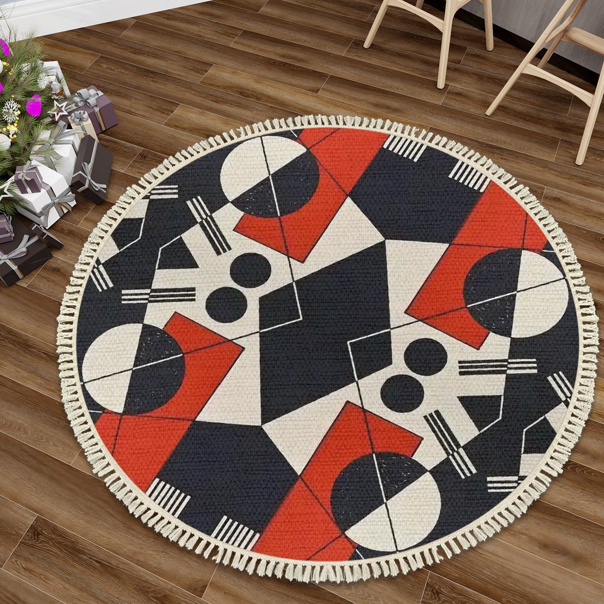 Geo Construct II Round Area Rug with Tassels | Abstract Geometric Round Rug - POP DECO