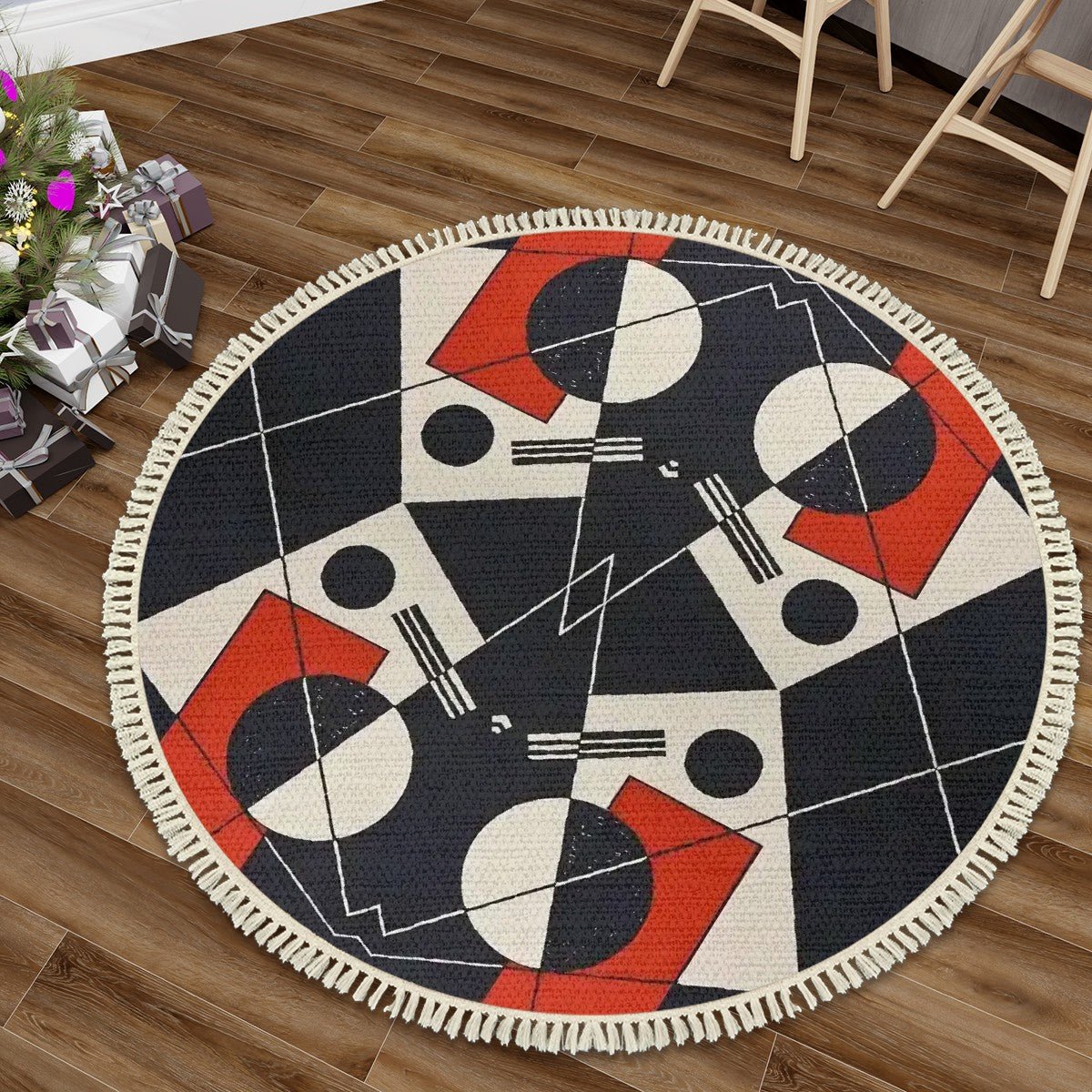 Geo Construct III Round Area Rug with Tassels | Abstract Geometric Round Rug - POP DECO