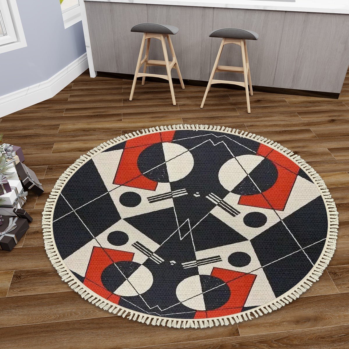 Geo Construct III Round Area Rug with Tassels | Abstract Geometric Round Rug - POP DECO