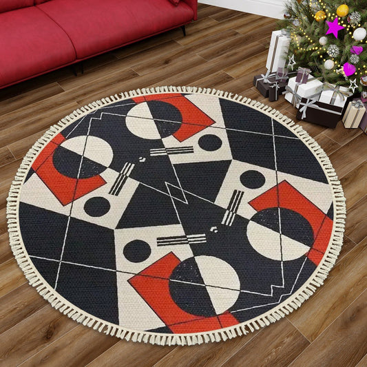 Geo Construct III Round Area Rug with Tassels | Abstract Geometric Round Rug - POP DECO