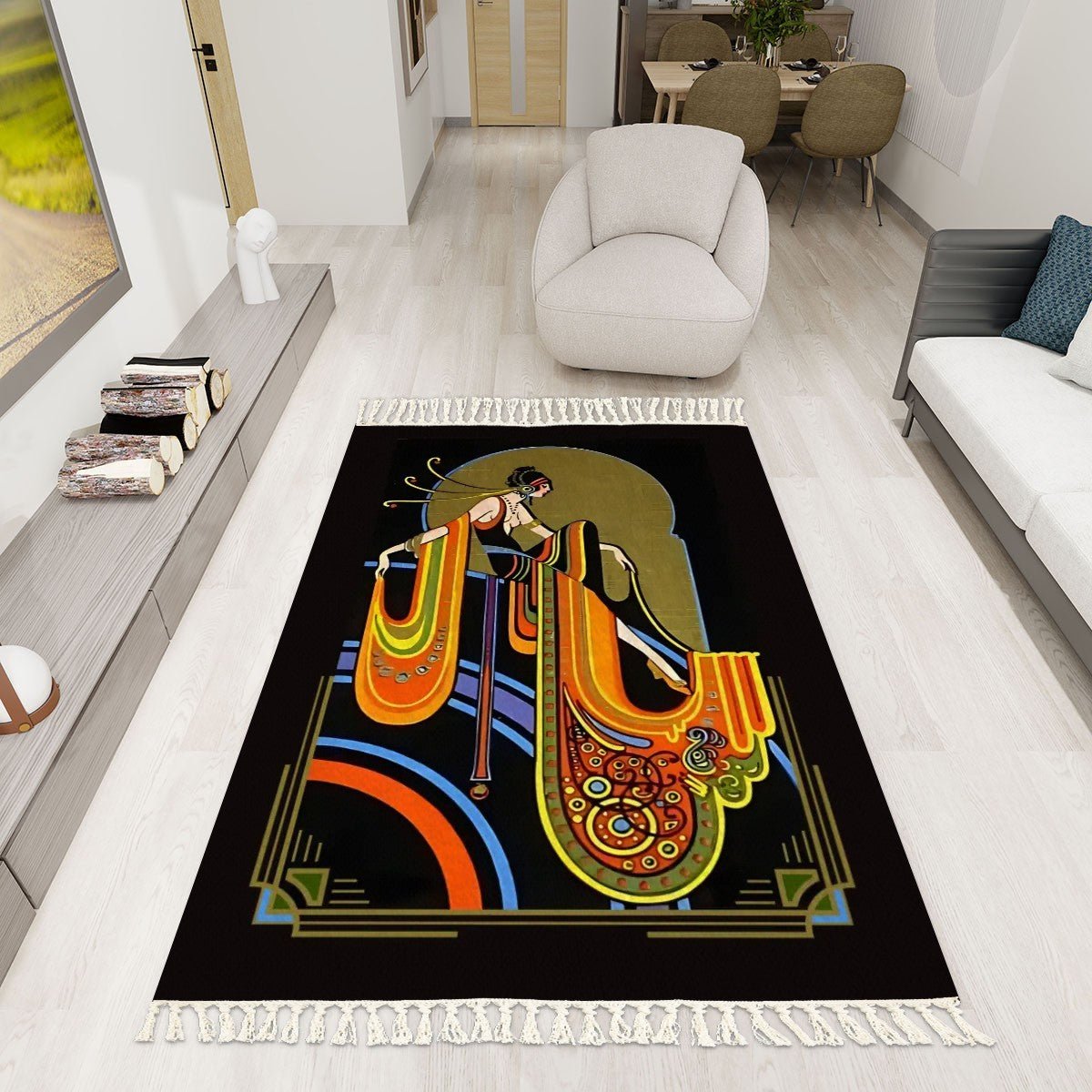 Glamour Girls Art Deco Area Rug with Tassels (5x3) | Vintage Playing Card Elegant Rug - POP DECO