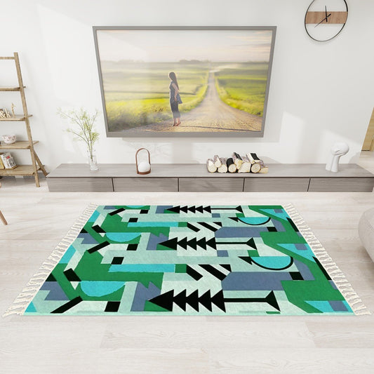 Kaleidoscope Reimagined Abstract Geometric Area Rug with Tassels (5x3) | Boho Eclectic Rug - POP DECO