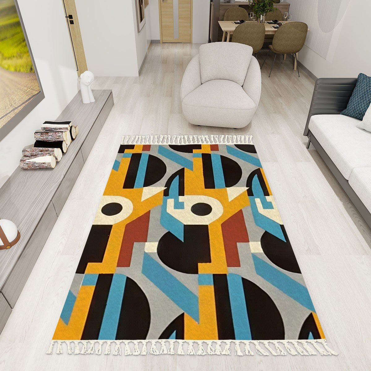 Kaleidoscope Reimagined Colorful Abstract Area Rug with Tassels (5x3) | Boho Eclectic Rug - POP DECO