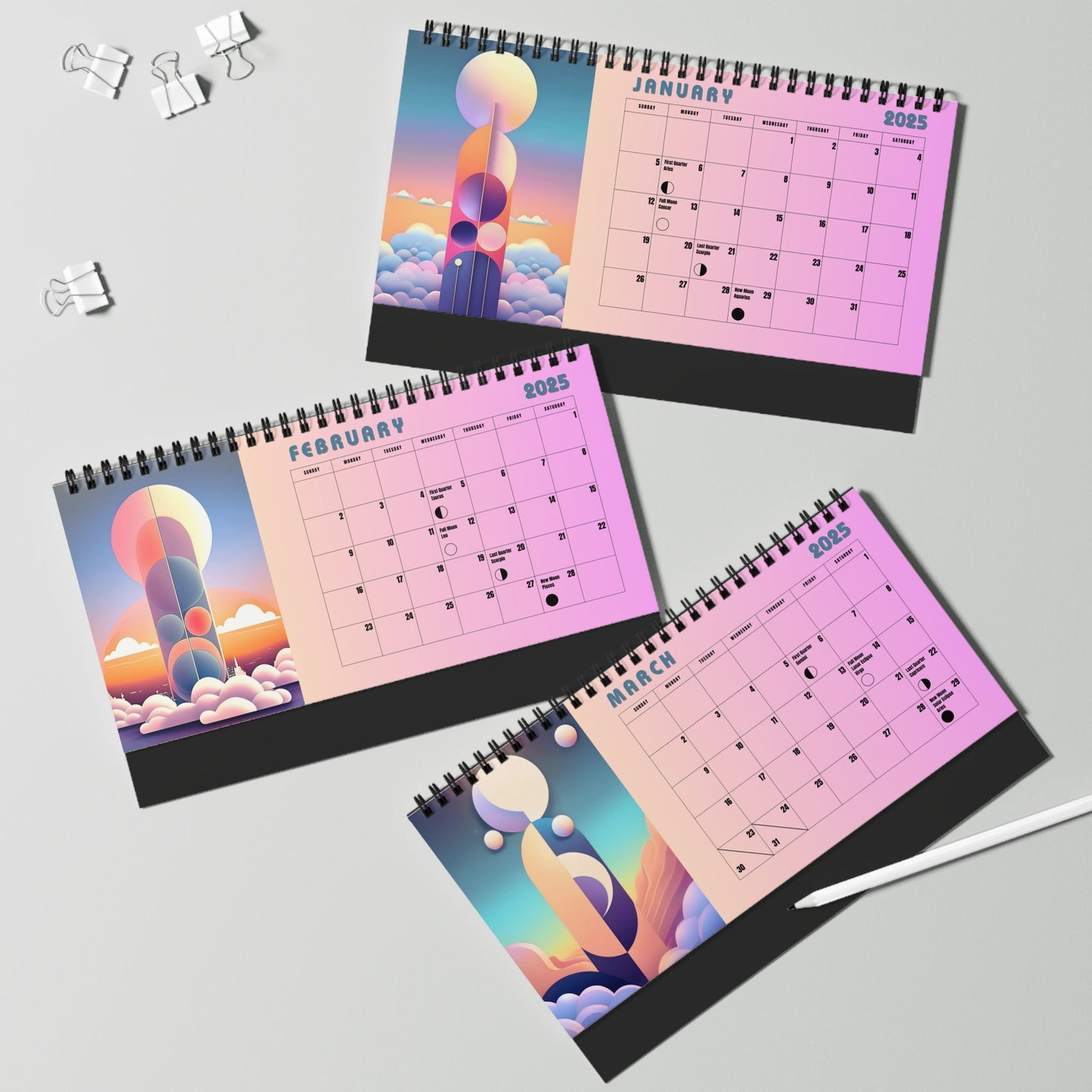 Pop Deco Ethereal Moon 2025 Desktop Calendar | Pastel Cosmos Lunar Calendar 2025 - POP DECO