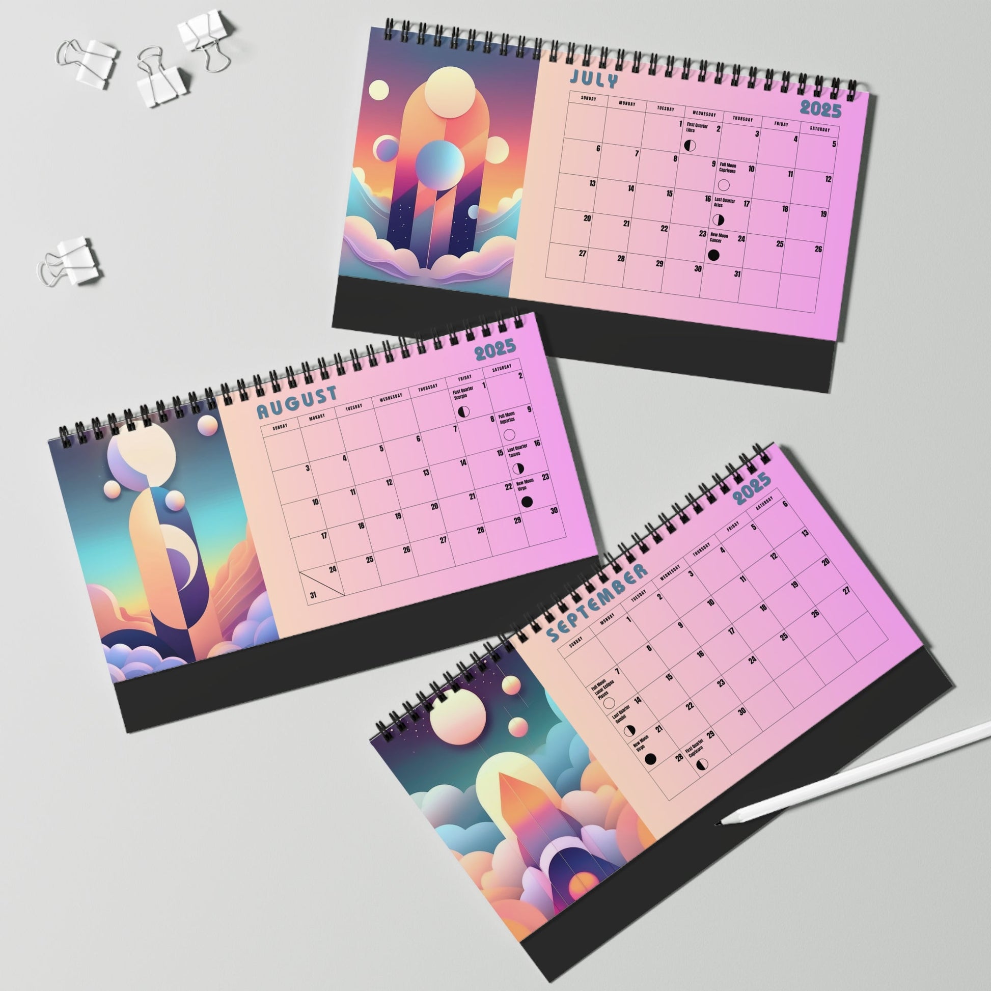 Pop Deco Ethereal Moon 2025 Desktop Calendar | Pastel Cosmos Lunar Calendar 2025 - POP DECO