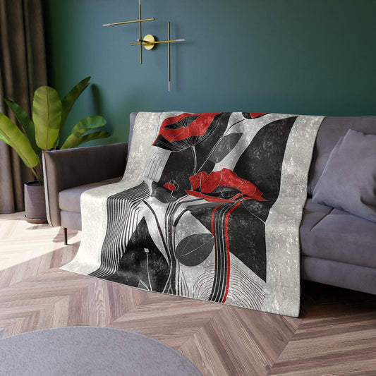 Pop Deco Floral Abstract Art Deco Crushed Velvet Blanket | Red Poppies Abstract Geometric Throw - POP DECO