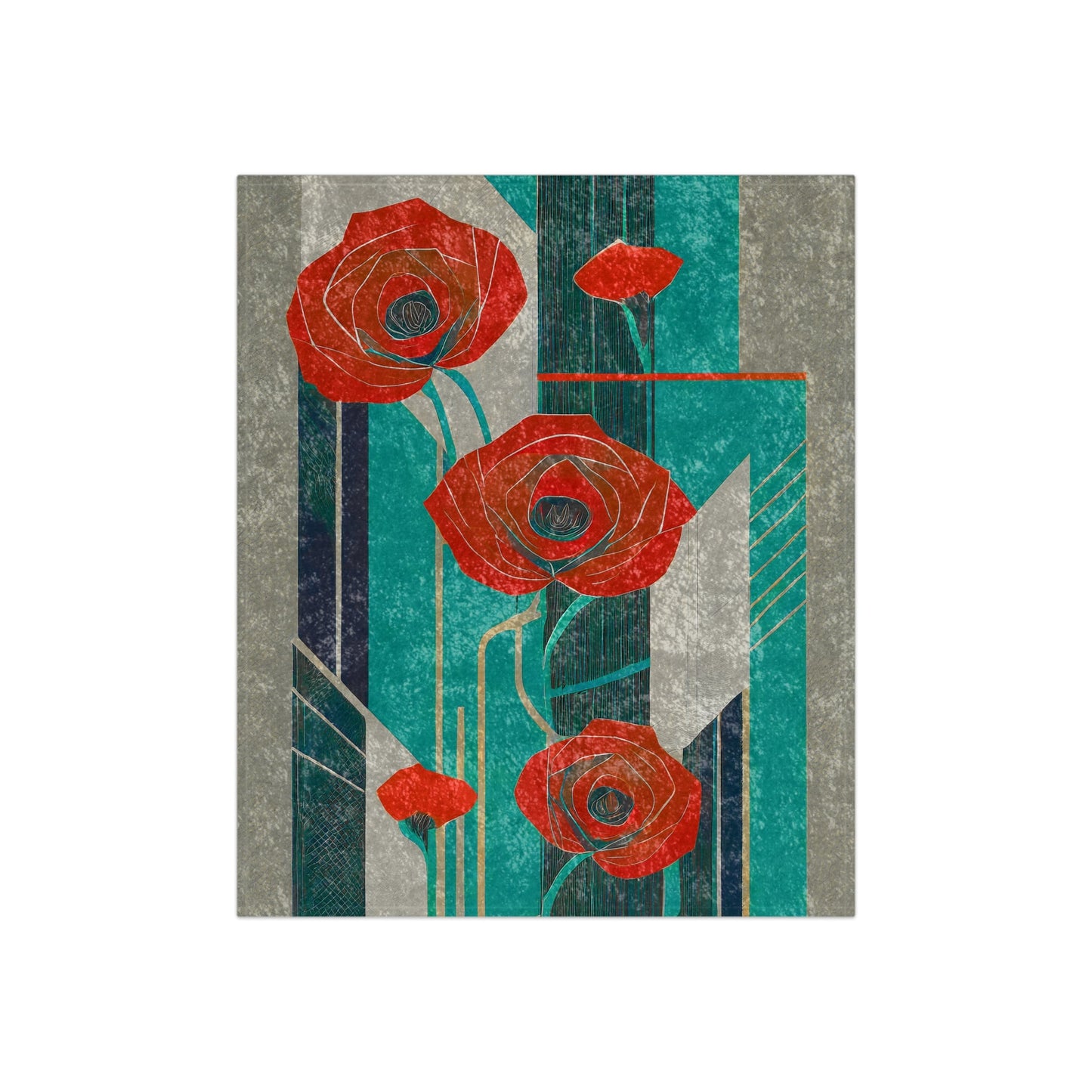 Pop Deco Floral Abstract Art Deco Crushed Velvet Blanket | Red Poppies Elegant Geometric Chic Throw - POP DECO