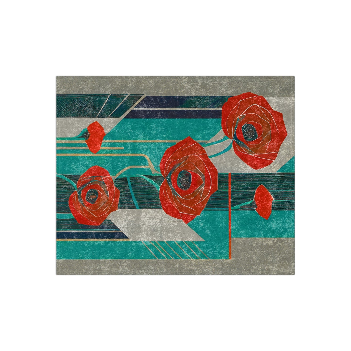 Pop Deco Floral Abstract Art Deco Crushed Velvet Blanket | Red Poppies Elegant Geometric Chic Throw - POP DECO