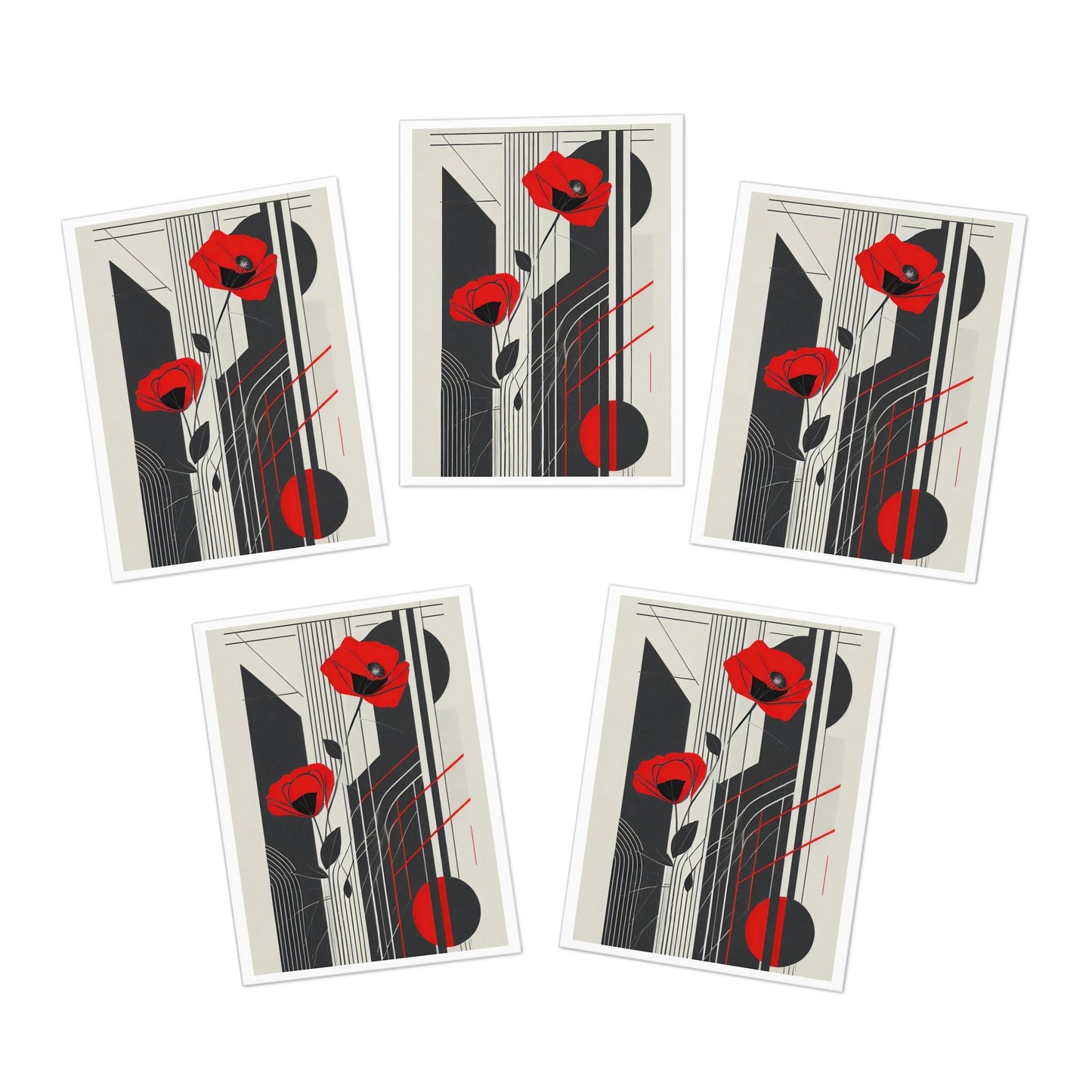 Pop Deco Floral Note Cards | Abstract Geometric Art Deco Red Flowers Greeting Cards (5 - Pack) - POP DECO