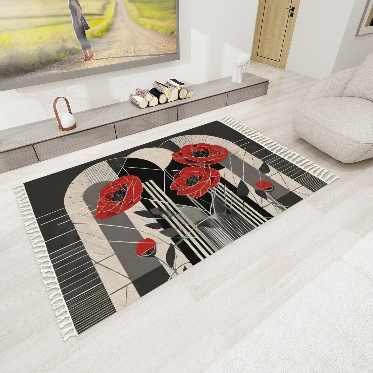 Pop Deco Red Poppies Area Rug with Tassels (5x3) | Elegant Art Deco Floral Rug - POP DECO