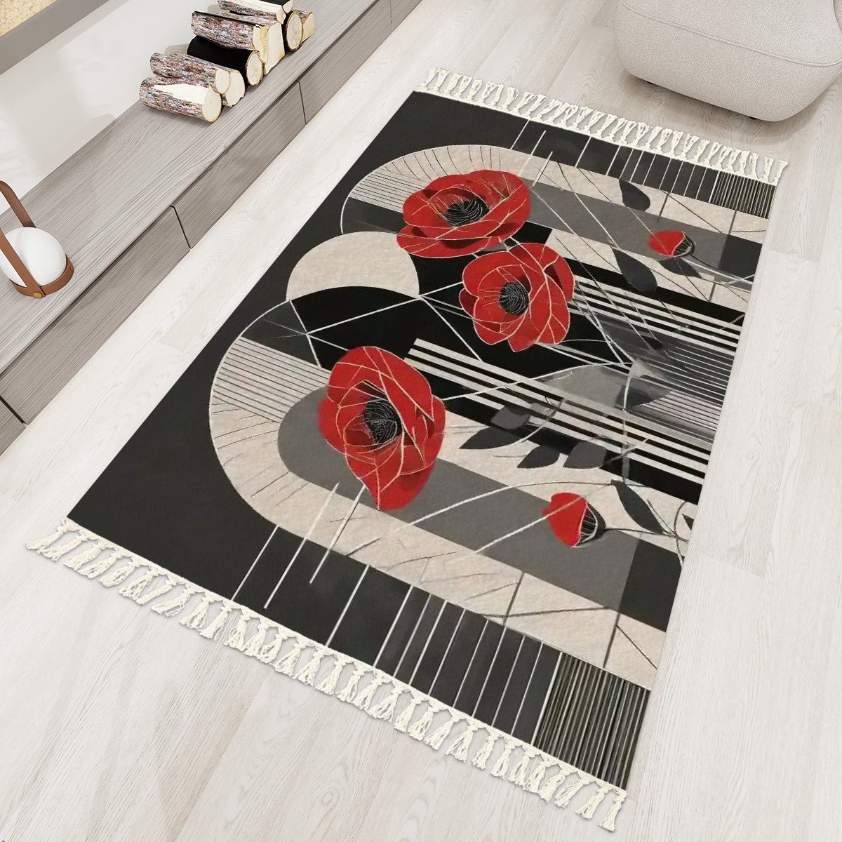 Pop Deco Red Poppies Area Rug with Tassels (5x3) | Elegant Art Deco Floral Rug - POP DECO