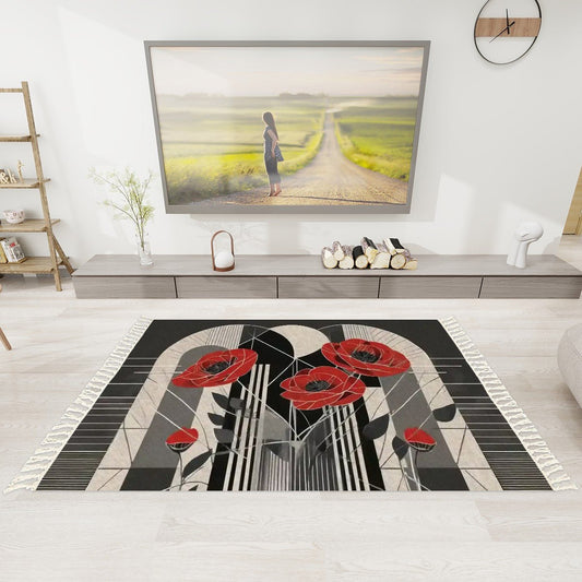 Pop Deco Red Poppies Area Rug with Tassels (5x3) | Elegant Art Deco Floral Rug - POP DECO