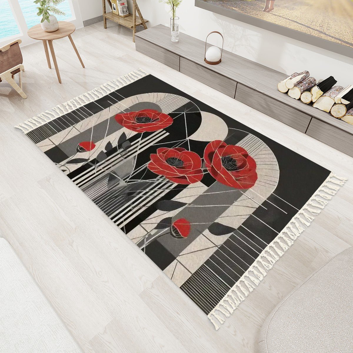 Pop Deco Red Poppies Area Rug with Tassels (5x3) | Elegant Art Deco Floral Rug - POP DECO