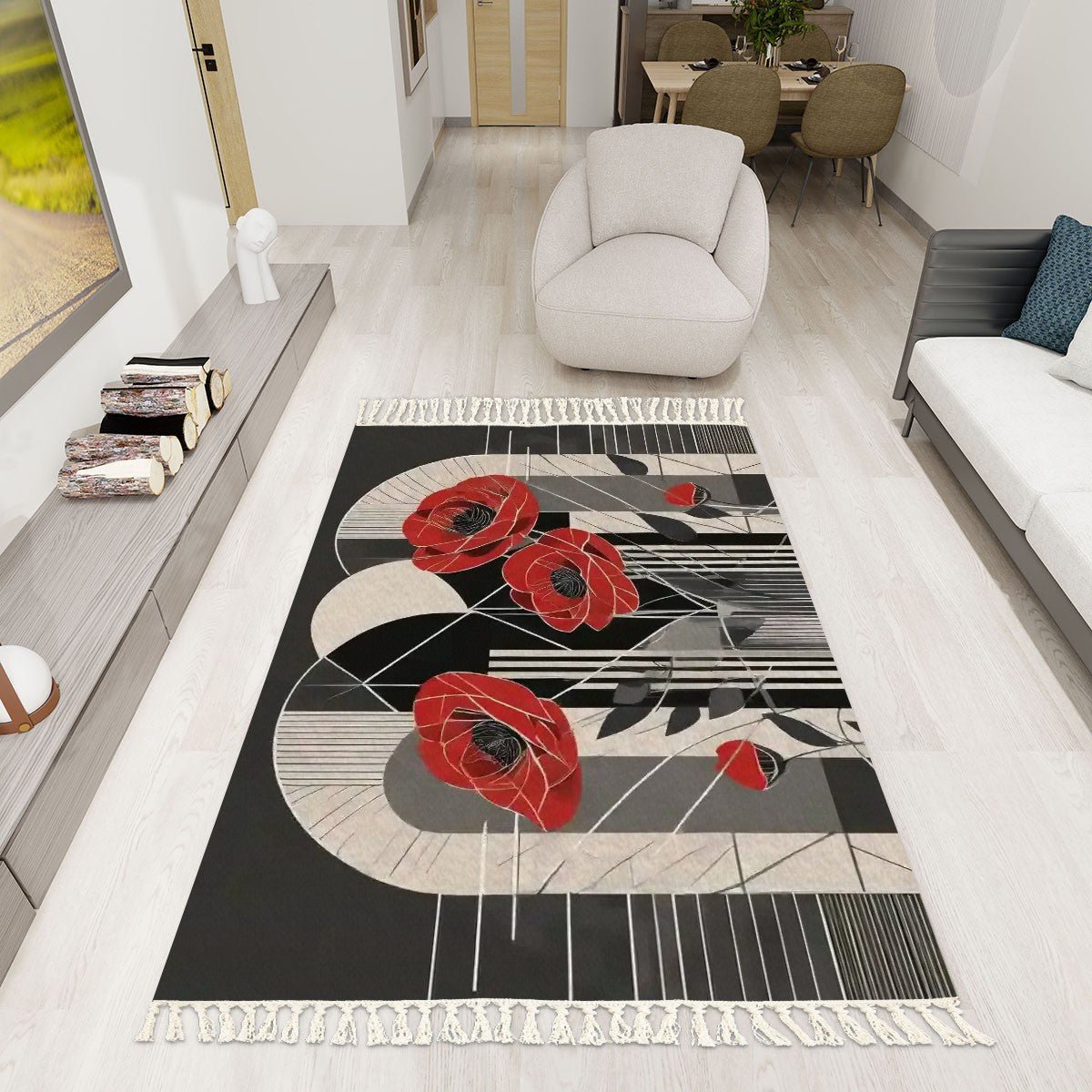 Pop Deco Red Poppies Area Rug with Tassels (5x3) | Elegant Art Deco Floral Rug - POP DECO