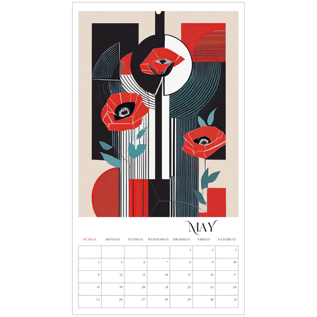 Pop Deco Red Poppies Art Deco 2025 Wall Calendar - POP DECO