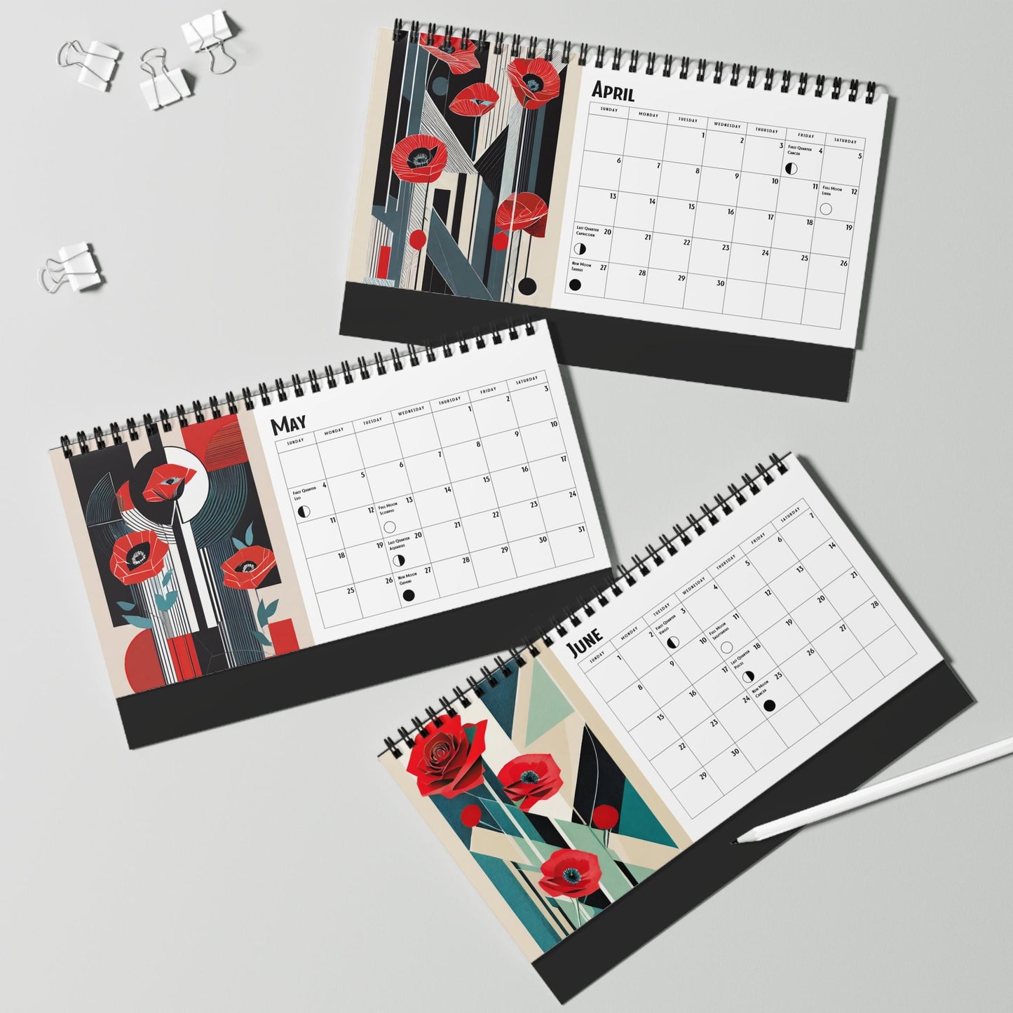 Pop Deco Red Poppies Art Deco Moon Phase Desktop Calendar | Modern Art Lunar Phase 2025 Floral Calendar (10x5) - POP DECO