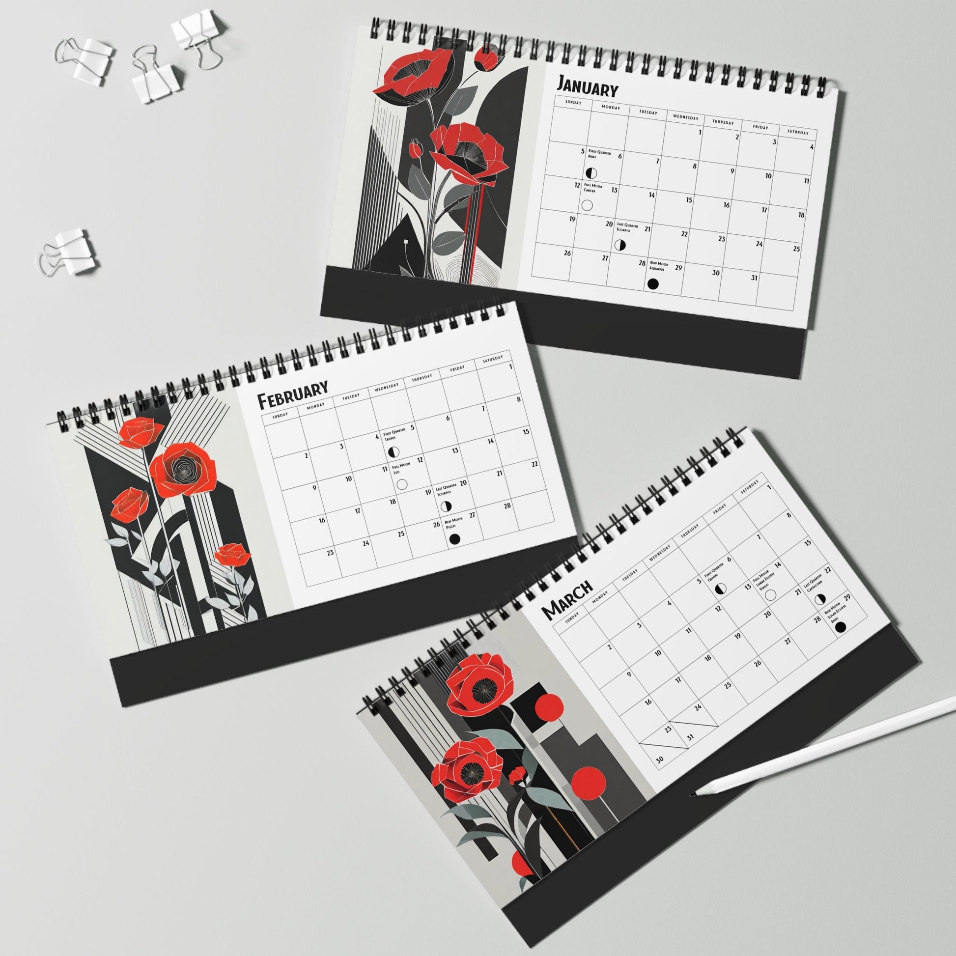 Pop Deco Red Poppies Art Deco Moon Phase Desktop Calendar | Modern Art Lunar Phase 2025 Floral Calendar (10x5) - POP DECO