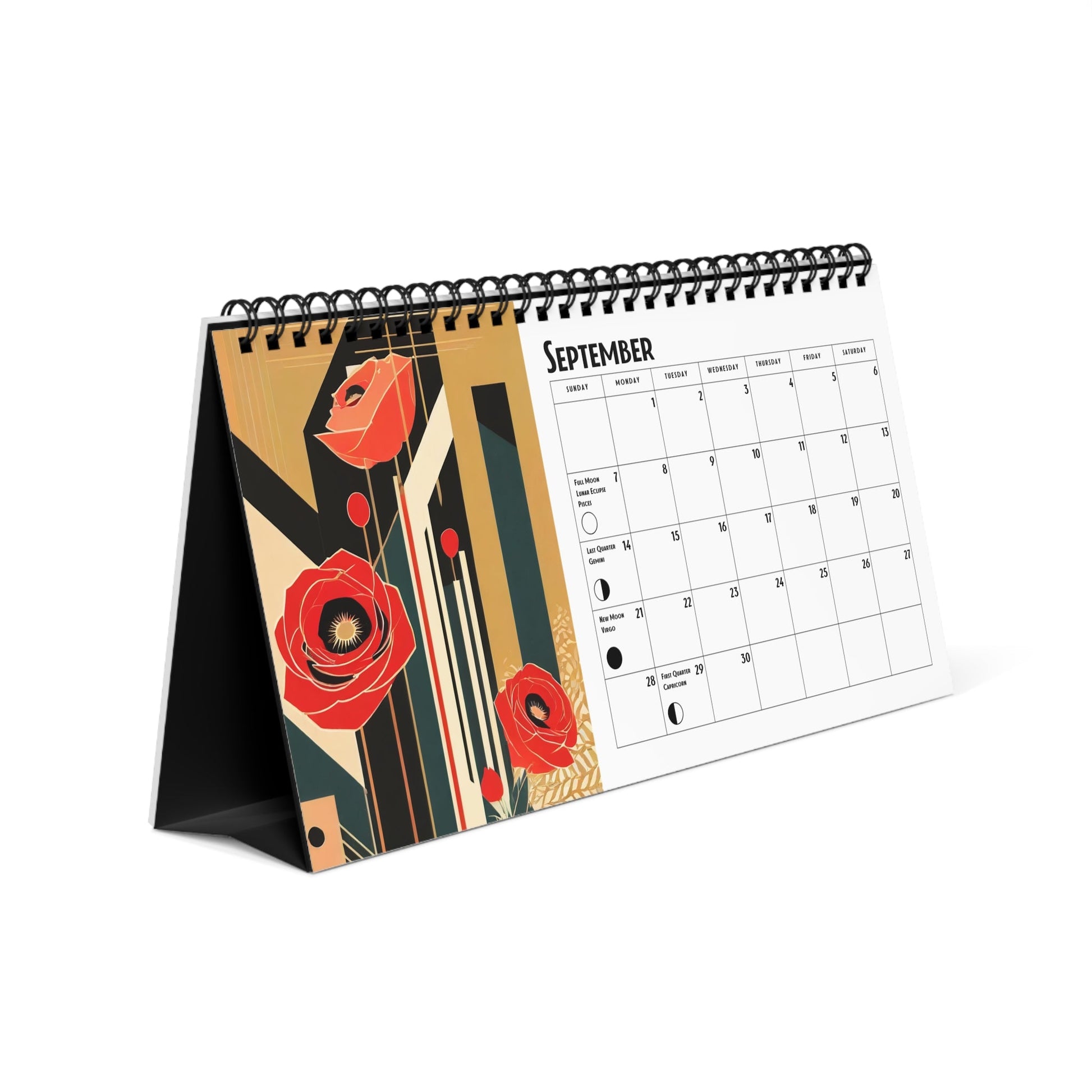 Pop Deco Red Poppies Art Deco Moon Phase Desktop Calendar | Modern Art Lunar Phase 2025 Floral Calendar (10x5) - POP DECO