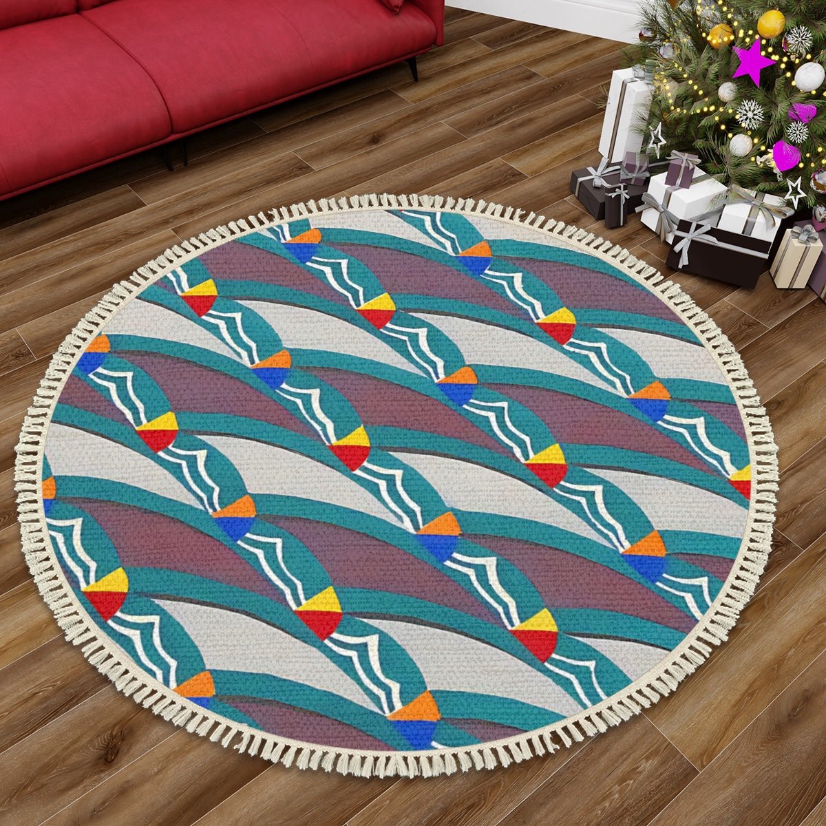 Pop Deco Wave Round Area Rug with Tassels | Colorful Neutrals Boho Rug - POP DECO