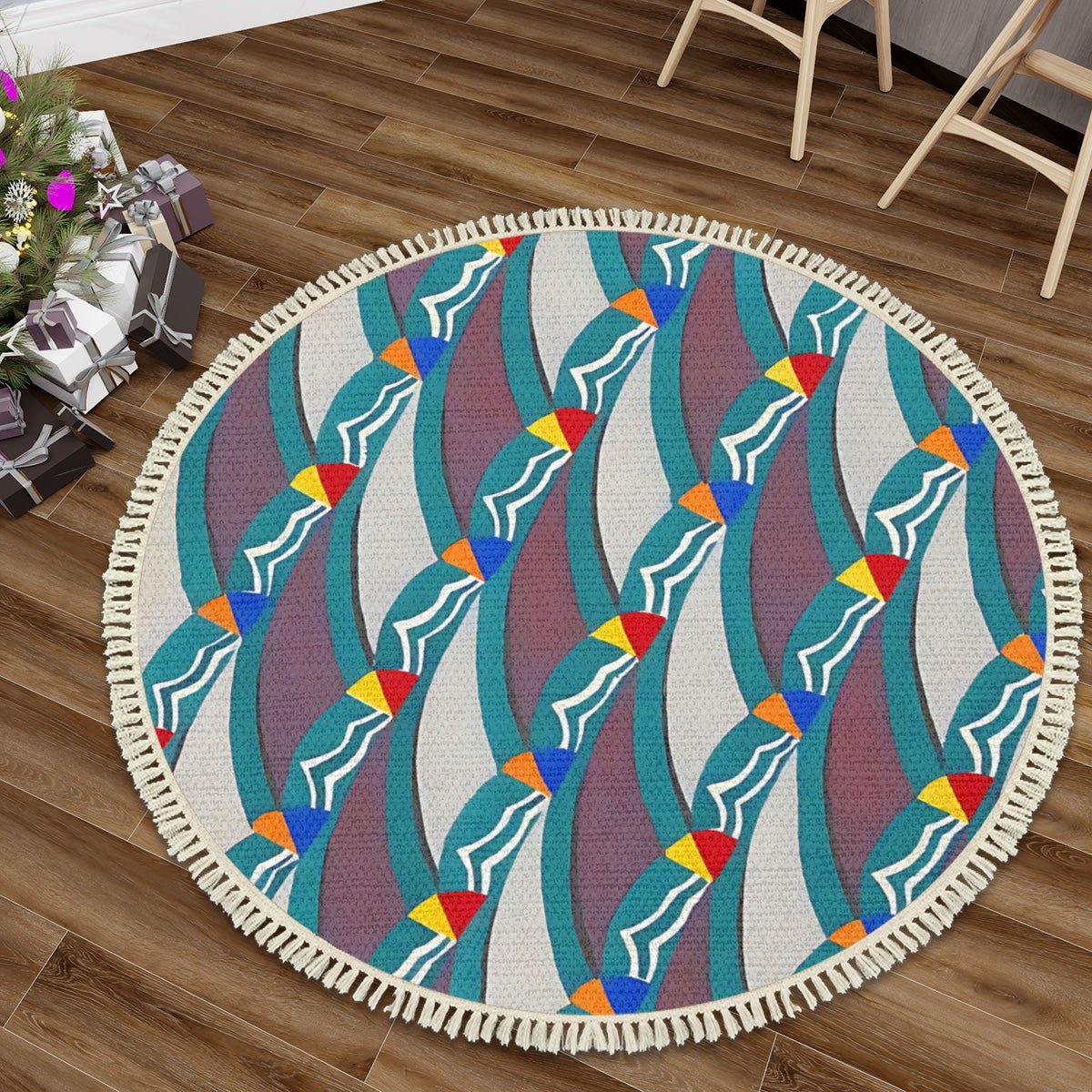 Pop Deco Wave Round Area Rug with Tassels | Colorful Neutrals Boho Rug - POP DECO