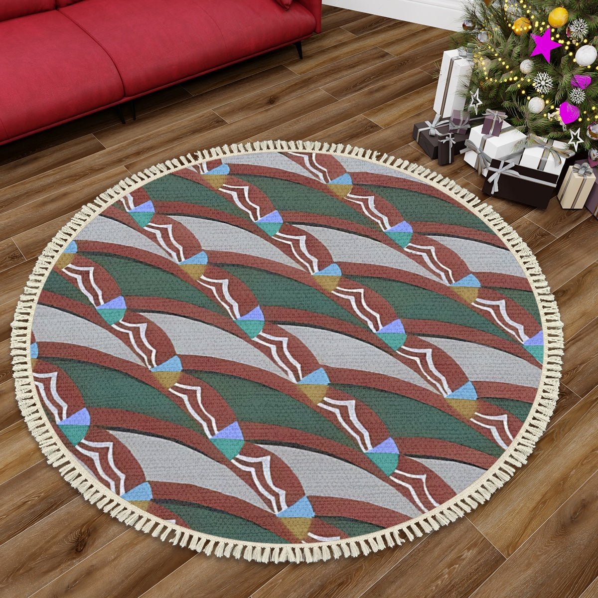 Pop Deco Wave Round Area Rug with Tassels | Colorful Neutrals Boho Rug - POP DECO