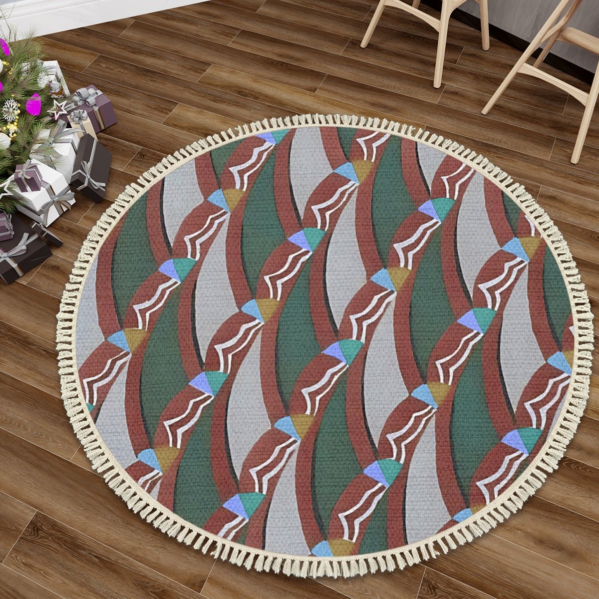 Pop Deco Wave Round Area Rug with Tassels | Colorful Neutrals Boho Rug - POP DECO