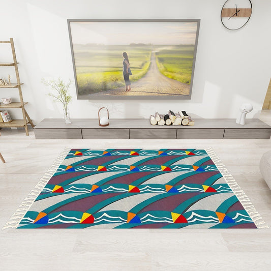 Pop Wave Art Deco Colorful Abstract Area Rug with Tassels (5x3) | Boho Eclectic Rug - POP DECO