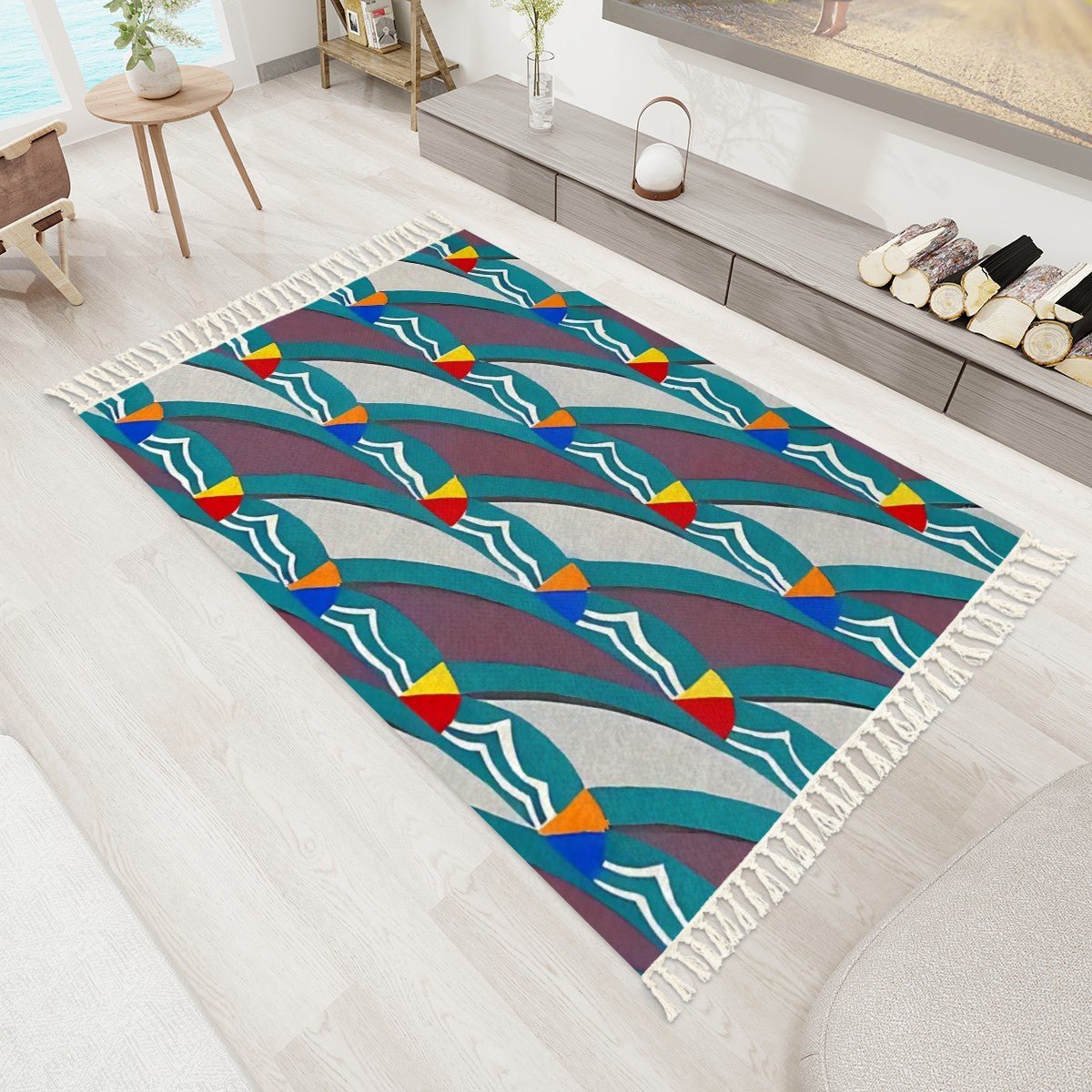 Pop Wave Art Deco Colorful Abstract Area Rug with Tassels (5x3) | Boho Eclectic Rug - POP DECO