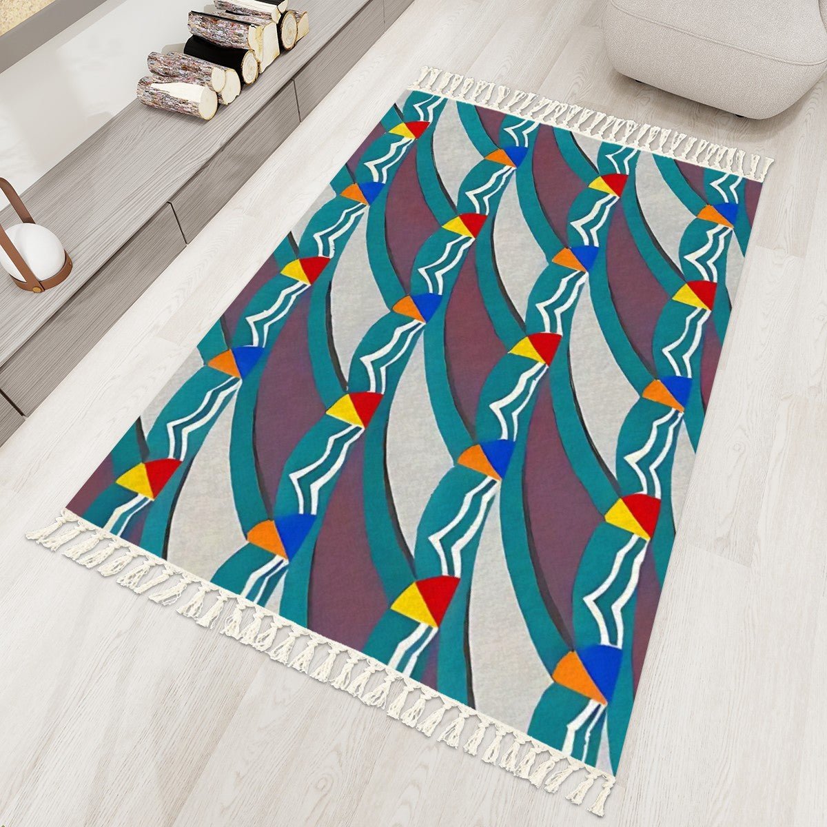 Pop Wave Art Deco Colorful Abstract Area Rug with Tassels (5x3) | Boho Eclectic Rug - POP DECO