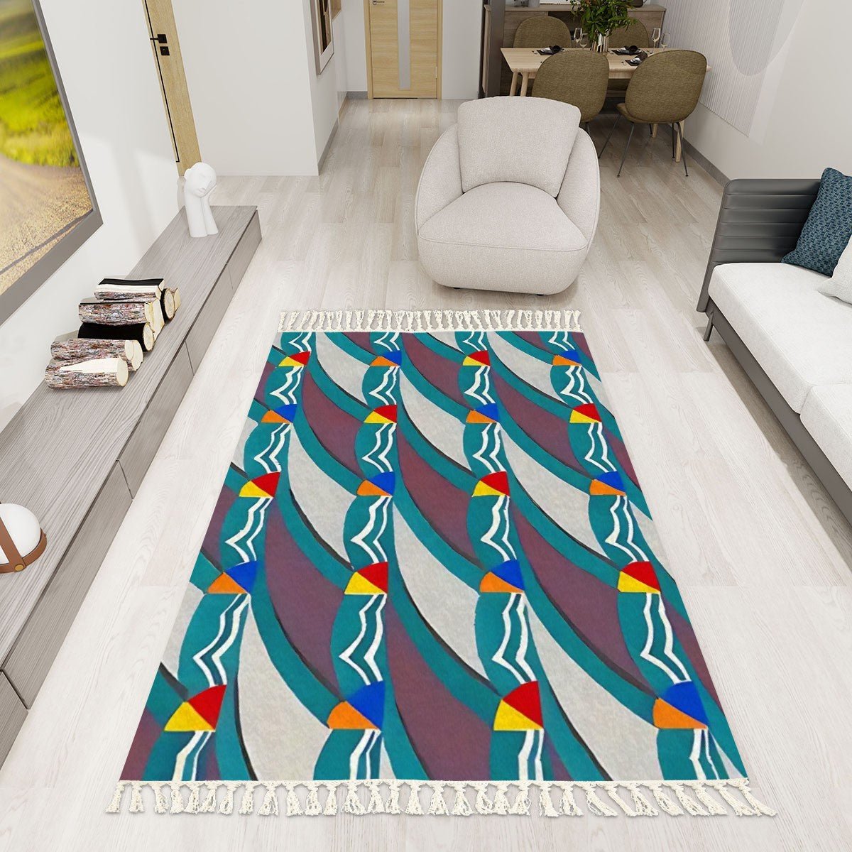 Pop Wave Art Deco Colorful Abstract Area Rug with Tassels (5x3) | Boho Eclectic Rug - POP DECO