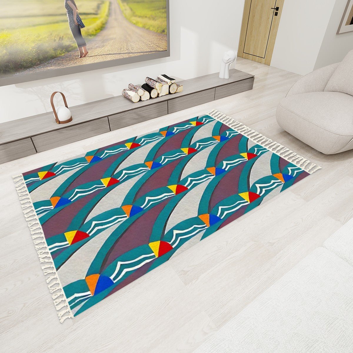 Pop Wave Art Deco Colorful Abstract Area Rug with Tassels (5x3) | Boho Eclectic Rug - POP DECO