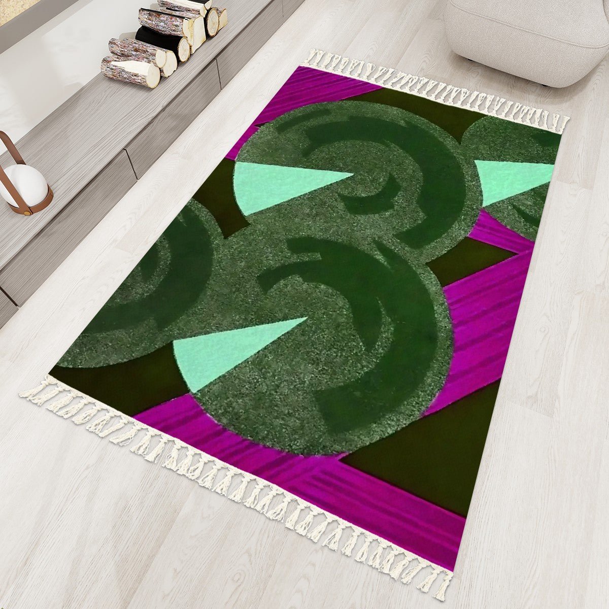 Pretty Prismes Malachite and Magenta Area Rug with Tassels (5x3) | Boho Eclectic Rug - POP DECO