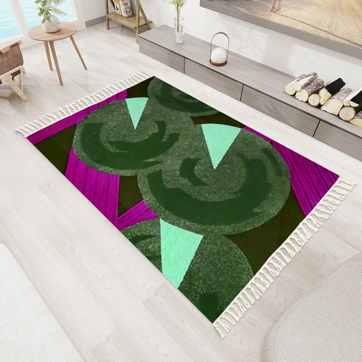 Pretty Prismes Malachite and Magenta Area Rug with Tassels (5x3) | Boho Eclectic Rug - POP DECO