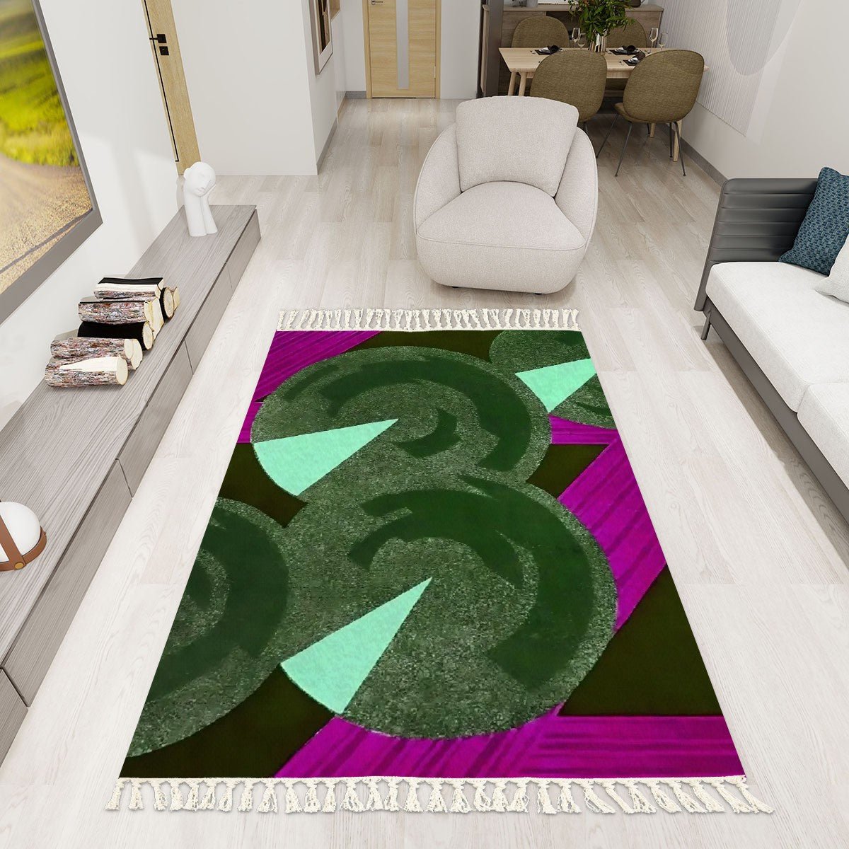 Pretty Prismes Malachite and Magenta Area Rug with Tassels (5x3) | Boho Eclectic Rug - POP DECO